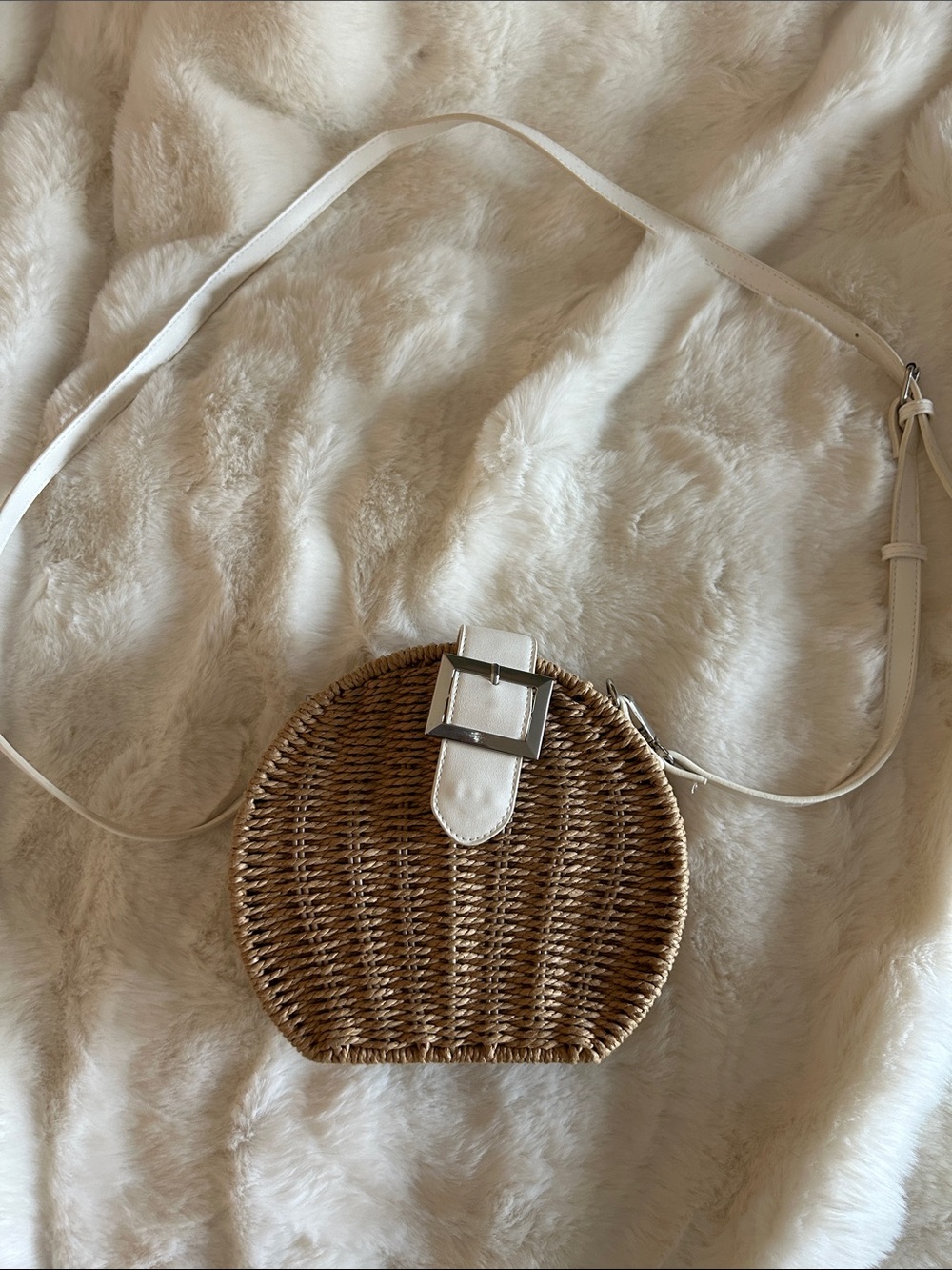 Round Woven Crossbody Bag with White Strap